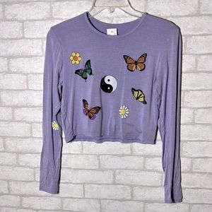 Ps/la purple butterfly floral printed long sleeve crop top size small